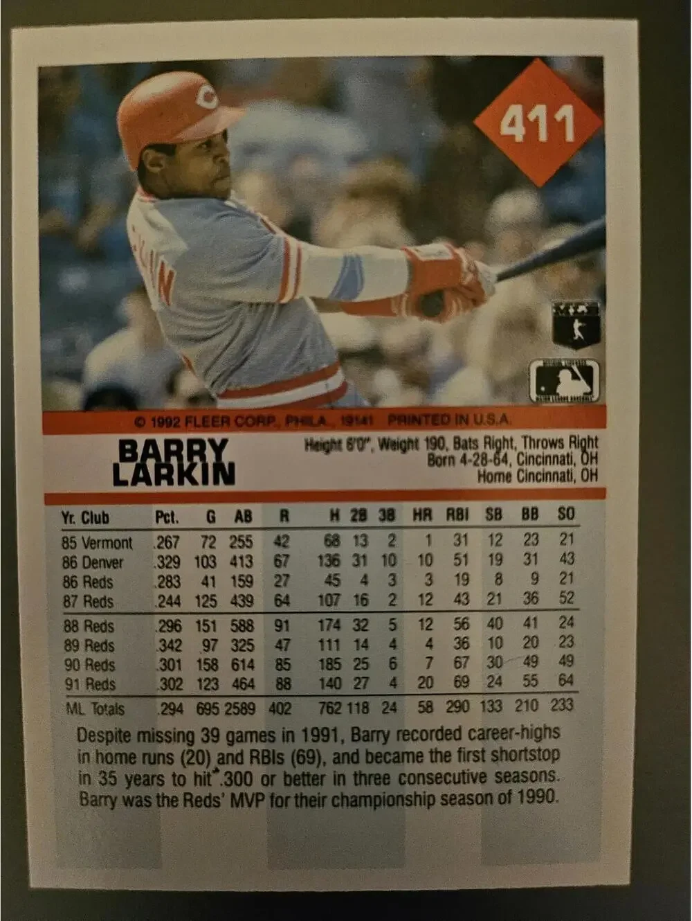 1992 Fleer #411 Barry Larkin - HOF - Cincinnati Reds Baseball Card